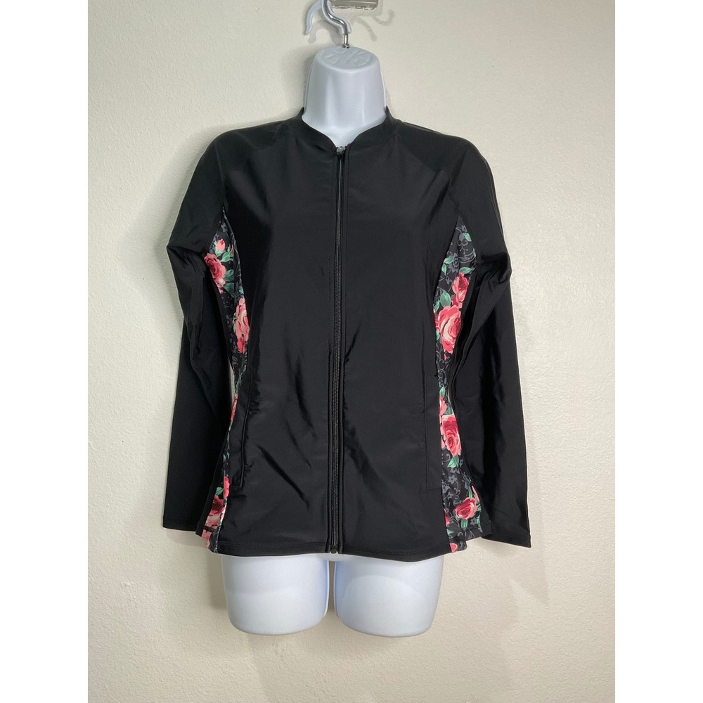 Halcurt Womens Black Floral Full Zip Long Sleeve Rash Guard SwimJacket Small NWT